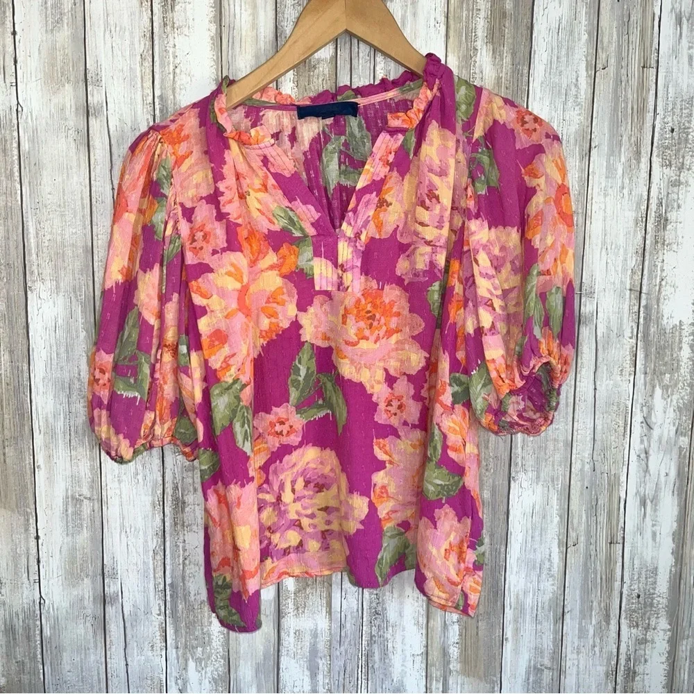 Rachel Roy Floral Blouse Medium Pink Orange Puff Sleeve Boho Top Women - Picture 1 of 5